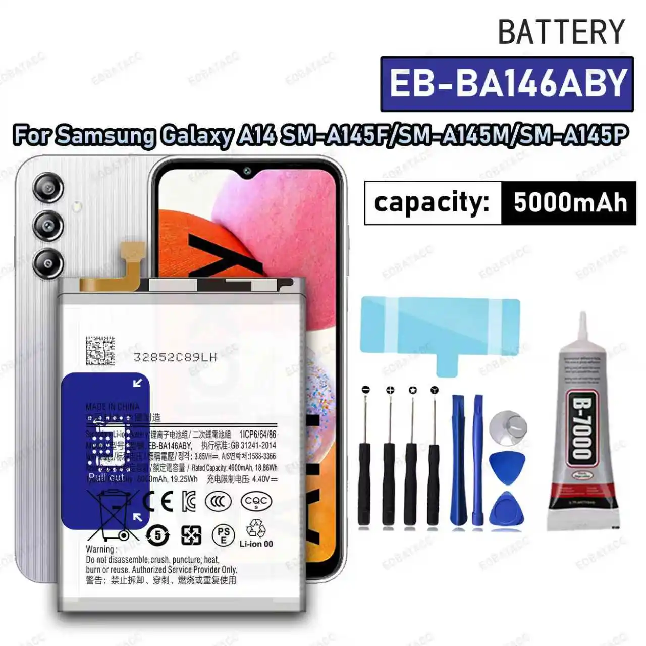 

100% New High Quanlity 5000mAh EB-BA146ABY Battery For Galaxy A14 5G/SM-A145F/SM-A145P Mobile Phone Batteries +Free Tools