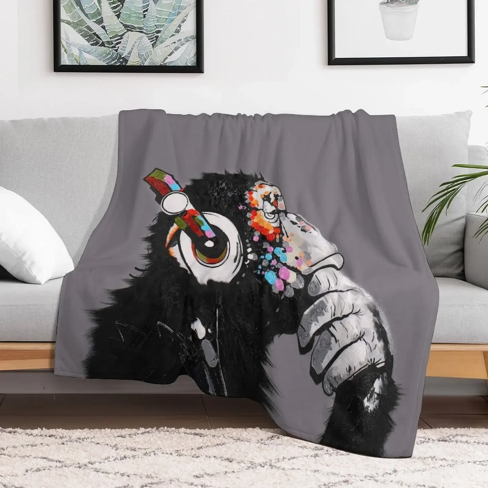 Thinker Chimp Throw Blanket Furrys Thin Soft Plaid Blankets