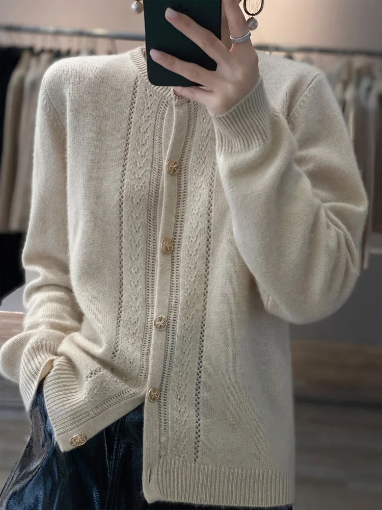 Addonee Women Sweater Autumn Winter O-neck Cardigan 100% Merino Wool Soft Knitted Coat Grace Clothing Chic