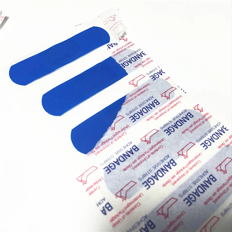 100Pcs/Box Blue Waterproof Medical Wound Band Aid With Detectable Metal Hemostasis Adhesive Bandage Food Hotel Chef Use