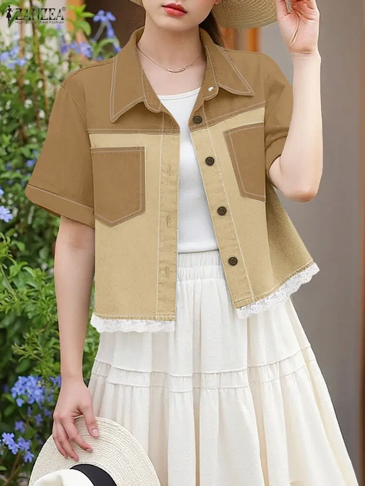 بلوزة ZANZEA للسيدات بأكمام قصيرة مرقعة لعام 2025 قمصان صيفية عصرية غير رسمية برقبة على شكل طية صدر السترة وأزرار قميص أنيق للعمل المكتبي #1