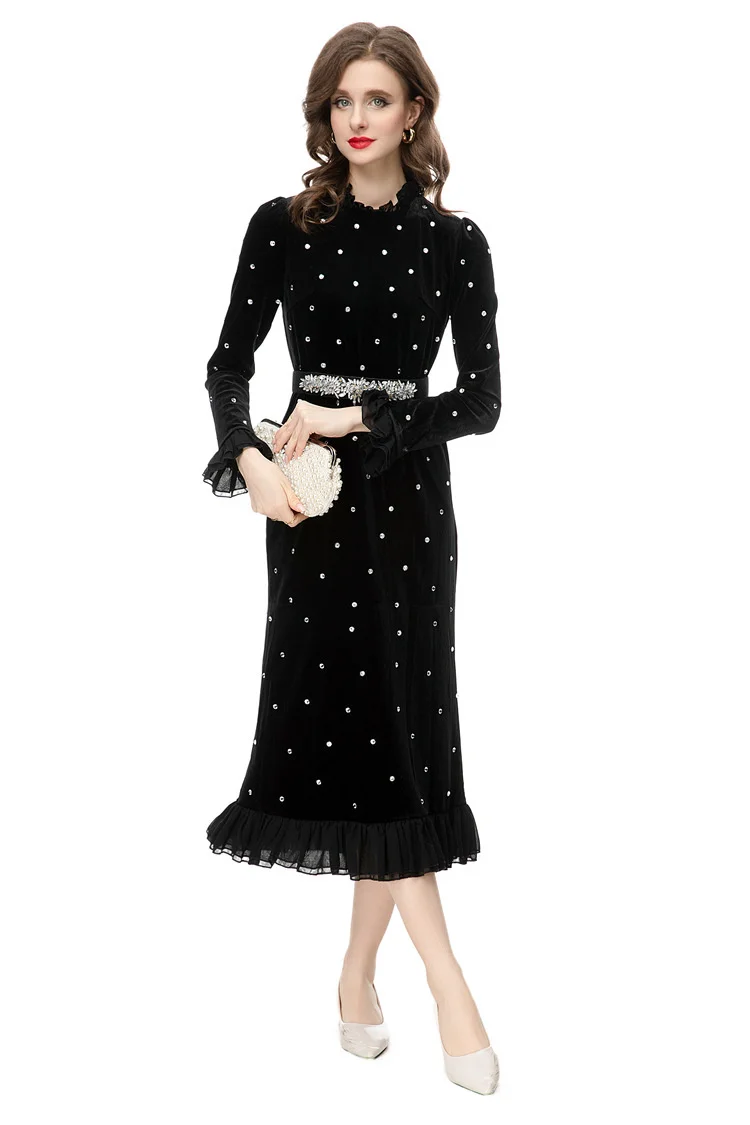 

2024 new hot-selling women's French casual fashion light luxury micro-elastic velvet beaded waist dress