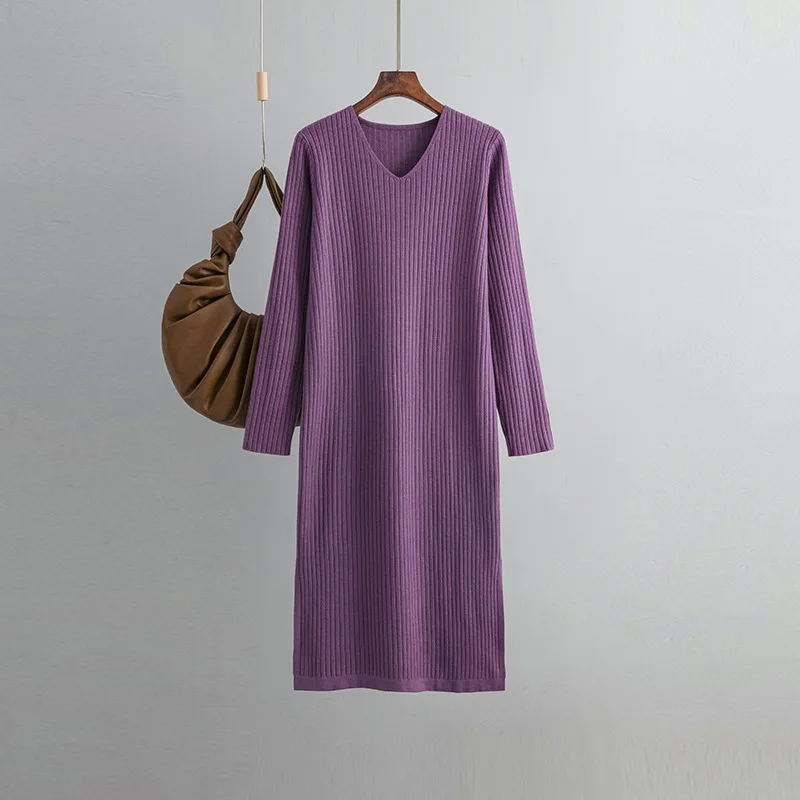 HLBCBG 2023 Women Long Knit Maxi Dress Spring Autumn V Neck Ribbed Tunic Dress Solid Woman Elegant Pullover Straight Dress