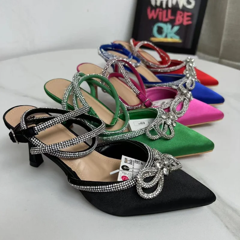 Ankle Strap Shoes for Women 2023 Summer Luxury Diamond Ladies Sandals Sexy Pumps High Heels Pointed Wedding Party Brand Footwear