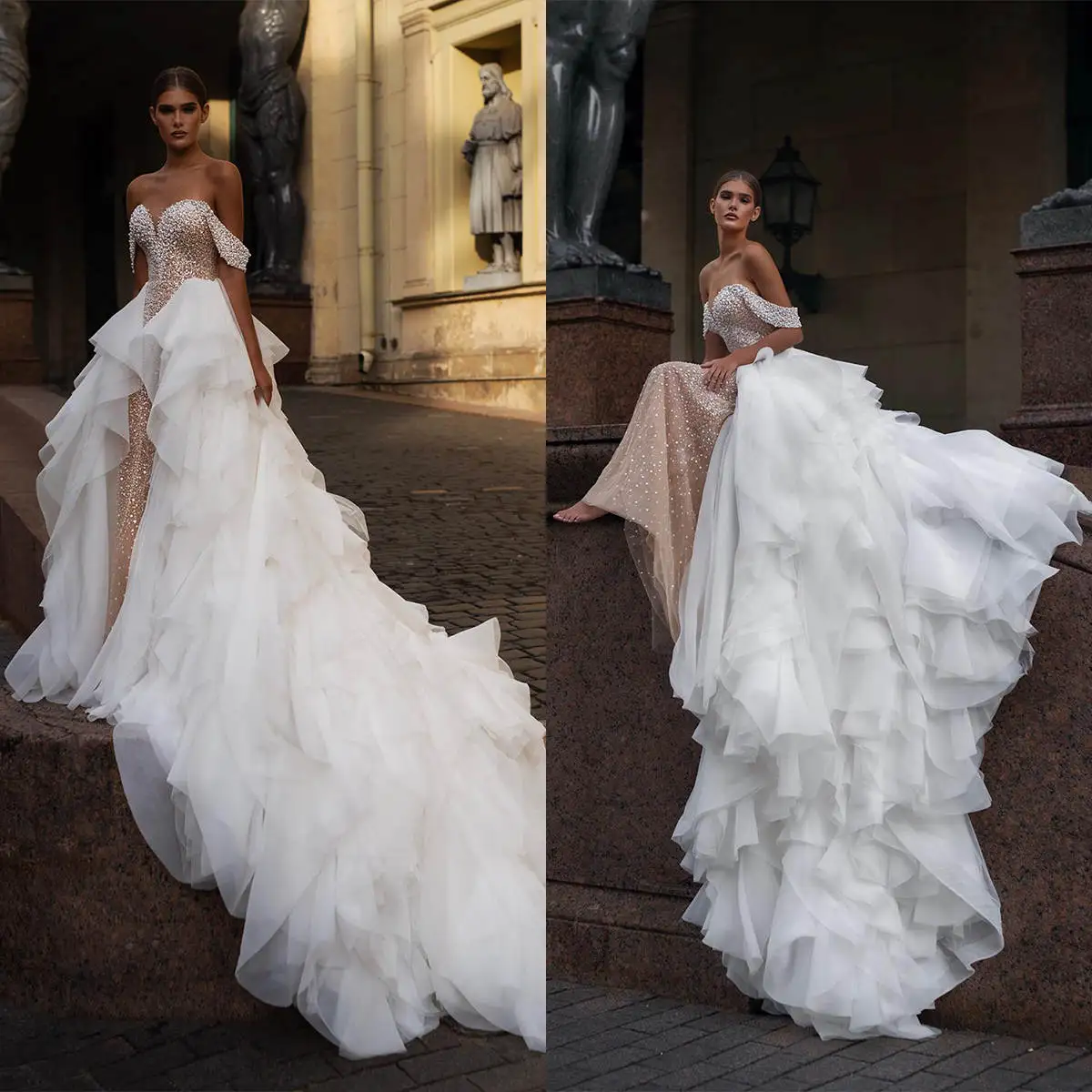 

Luxury Wedding Dresses Mermaid Off The Shoulder Strapless Pearls Detachable Train Bride Dress Vestido de novia Custom Made