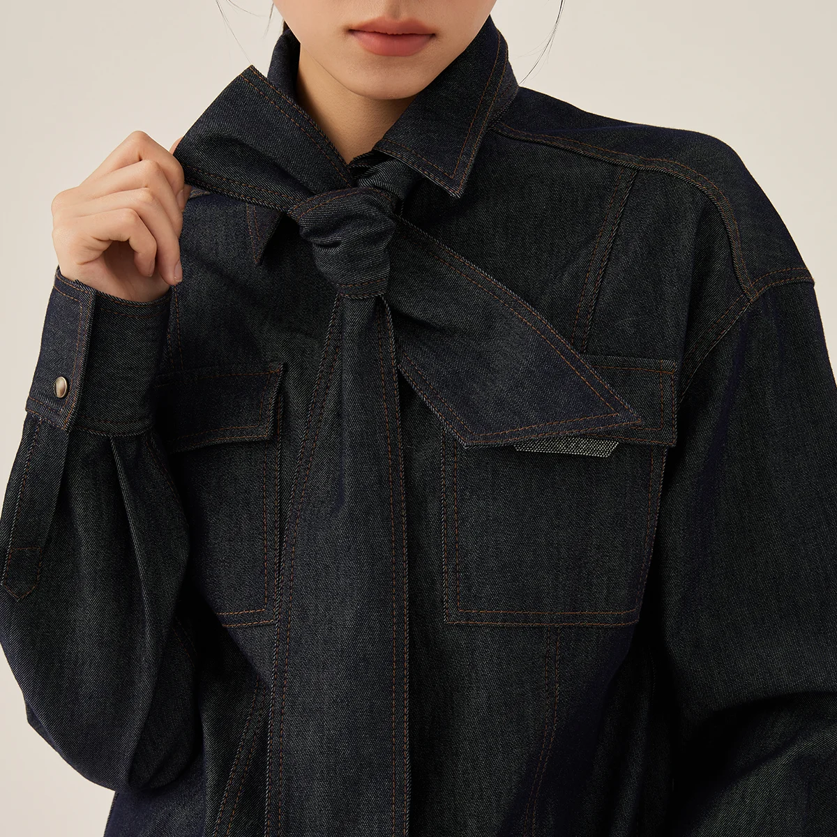 KW7523310 Women's Denim Jacket Long Sleeved Fall Multi-Pocket Design with Bow Detail Casual Fashion Outerwear