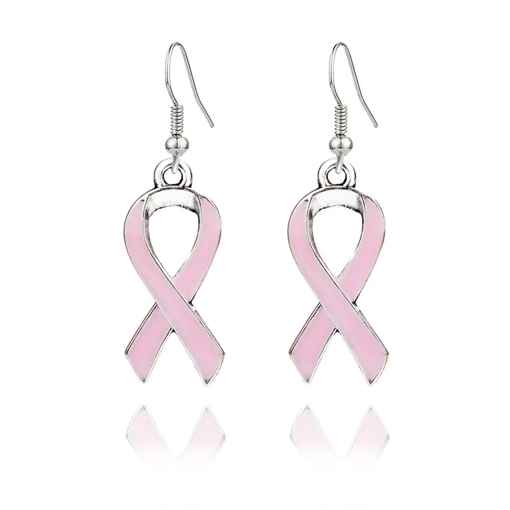 October Jewelry Wholesale Enamel Pink Breast Cancer Awareness Earrings Breast Cancer Ribbon Dangle Earrings for Cancer Survivor