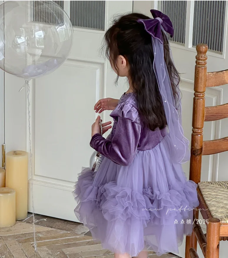 فستان شبكي قطيفة بأكمام طويلة لخريف الطفل الجديد، فساتين حفلات أزياء الأميرة للأطفال 2-8 T