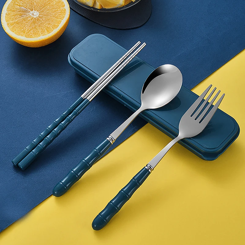 3Pcs Chopsticks Spoons Forks Sets Of Stainless Steel Portable Tableware Reusable Travel Picnic Cutlery With Box