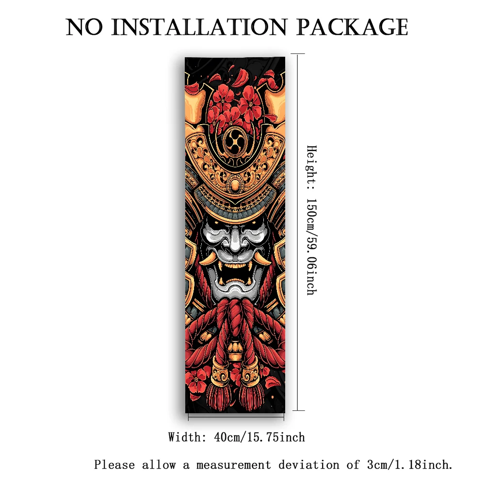 Japanese Samurai Hannya Mask Long Vertical Tapestry, Gold Red Black Helmet Flower Print Wall Hanging, Japan Style Wall Decor