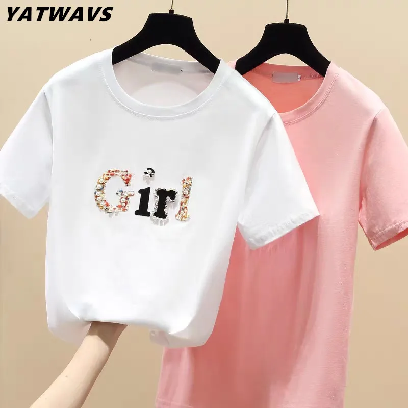 

Korean Short Sleeve Chic Letter Girls Beaded T-Shirt Summer New Women Shinny Cotton O Necks Loose Casual Female Tops Tees Blouse