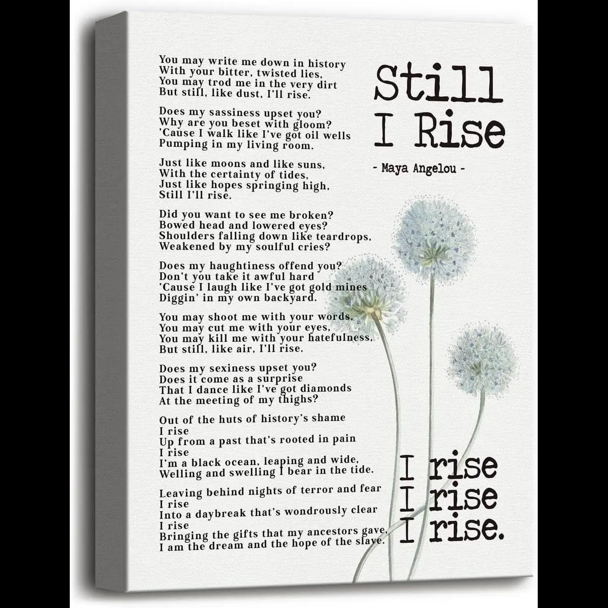 Maya Angelou Still I Rise Canvas Print  x Inspirational Quote Wall Art for Home  Office Decor Motivational Poster Gift