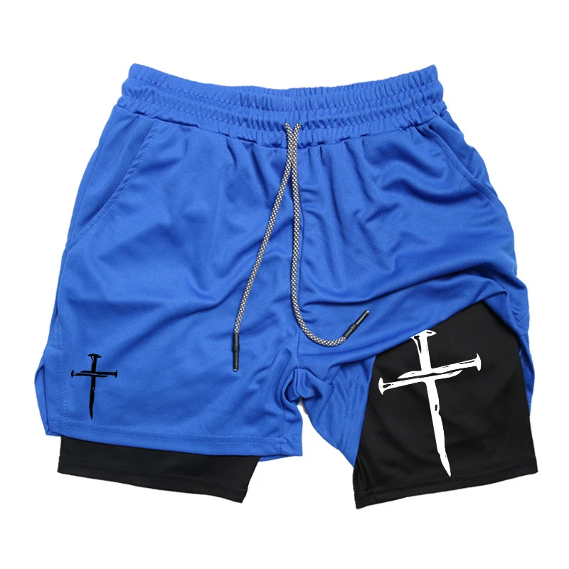 Cross Graphic 2 in 1 Workout Running Shorts for Men Christian Gym Performance Shorts with Phone Pocket Towel Loop Active Wear