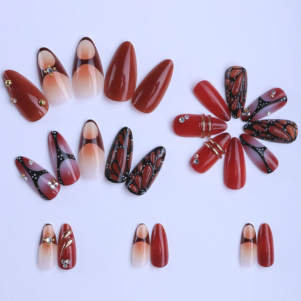 

24PCS Black Red Butterfly Pattern False Nails with Almond 3D Ring Premium Fake Nails Spicy Girls Removable Press on Nails Daily