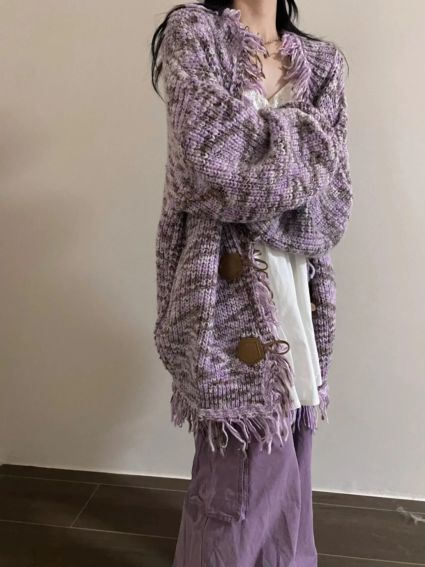 

New Japanese Harajuku Cool Girl Fashion Purple Tassel Horn Buckle Knitted Coat Female Lolita Temperament Slim Sweet Kawaii Coat