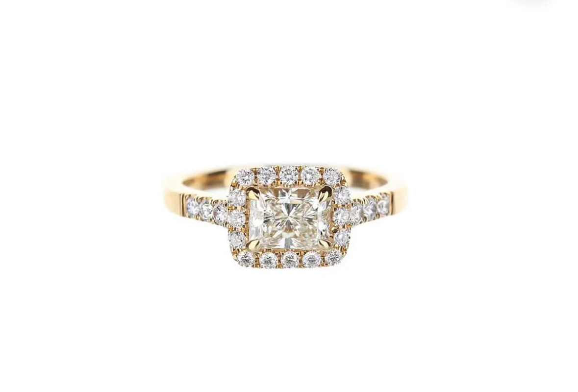 Green Radiant Cut Diamond Ring 14K Yellow Gold Radiant Cut Green Lab Grown Diamond Halo Ring Promise Rings