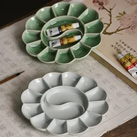 Paleta de Celadon hecha a mano, bandeja de pintura de acuarela en forma de flor de ciruelo, horno Jingdezhen Ru, plato de cerámica y portalápices de alta calidad