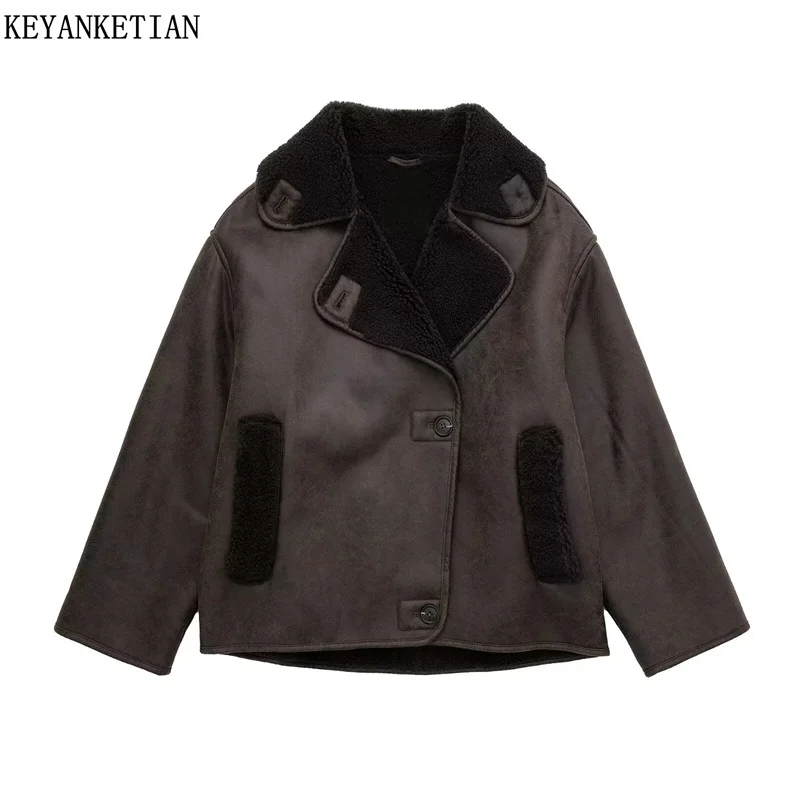 

KEYANKETIAN Winter New Chic Button-up Women's Suede Double Faced Fur Fleece Coat Cropped Jacket Fashion Pockets Outerwear Top