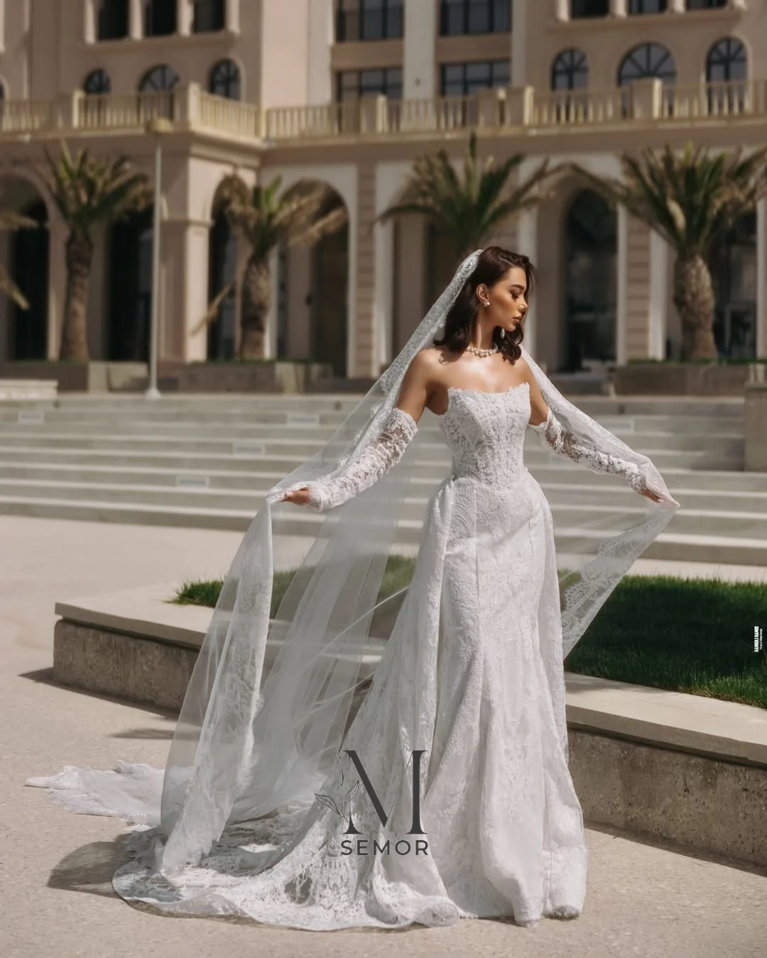 Semor Exquisite Lace Strapless Wedding Dress with Detachable sleeve Customized Mermaid Pleat Dubai Saudi Arabia Bride Gown 2026