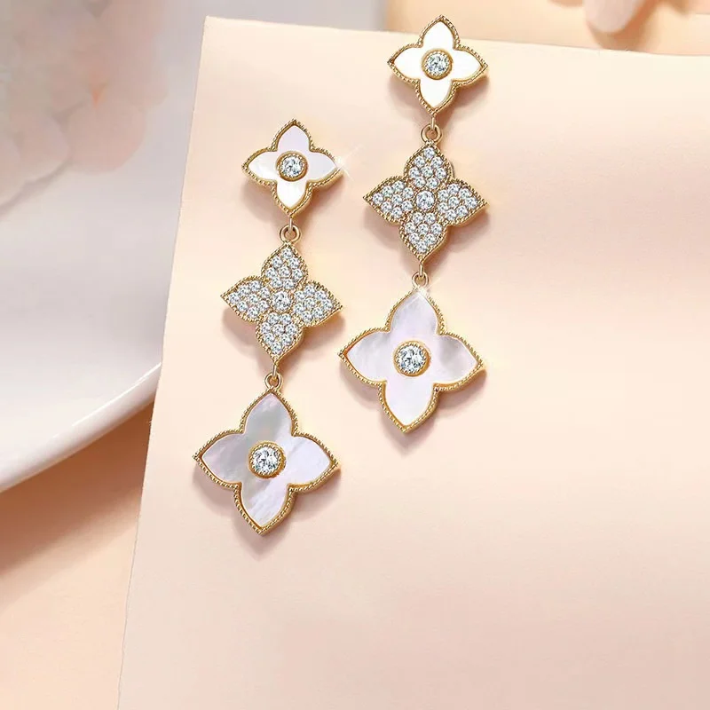 Gold Color Three-Section Four-Leaf Clover Earrings  Fashionable Four-Leaf Clover Women's Earrings  Wedding Gift Accessories