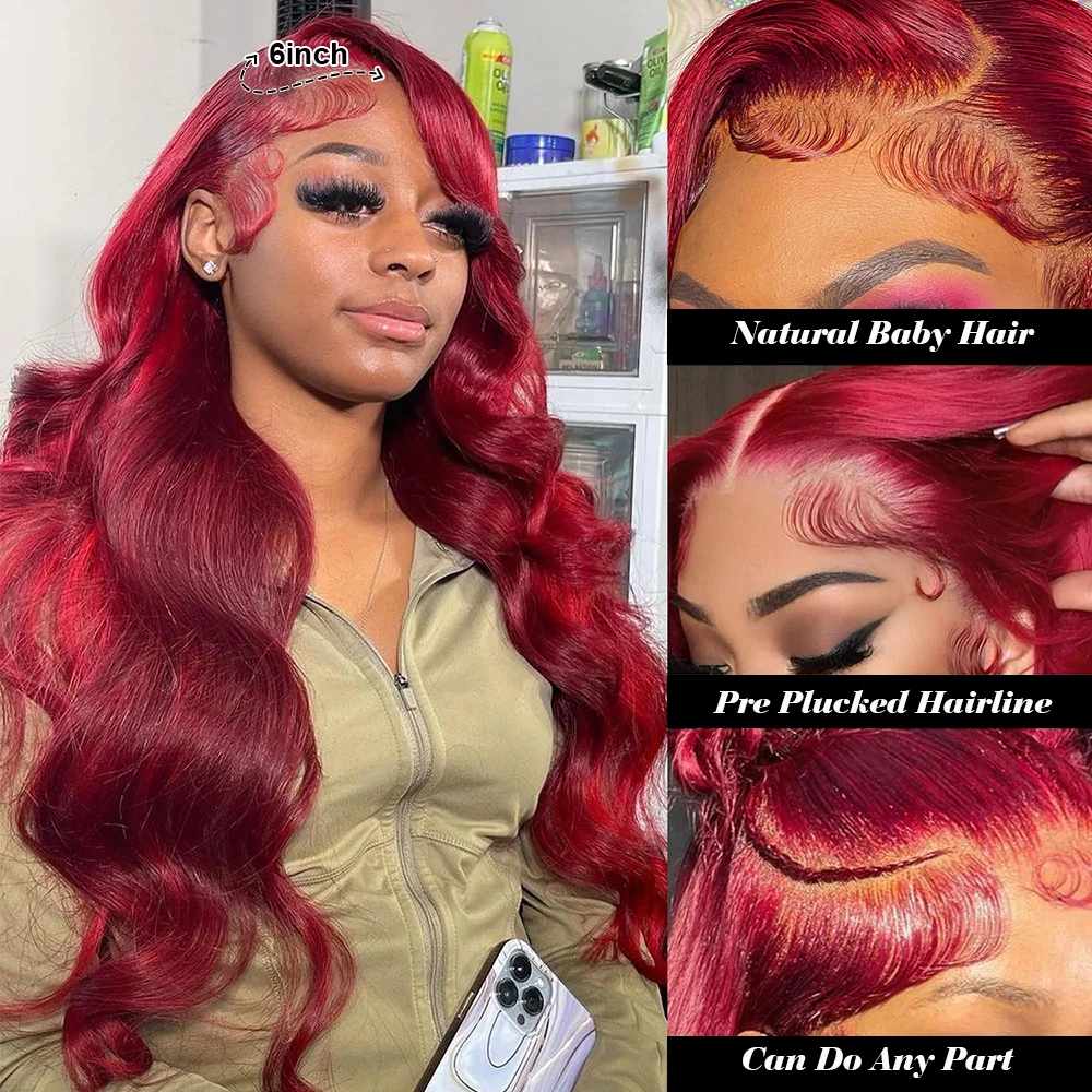 Burgundy 13x6 HD Lace Frontal Human Hair Wig Red Colored Lace Front Human Hair Wigs Body Wave Human Hair Wigs Pre Plucked 180%