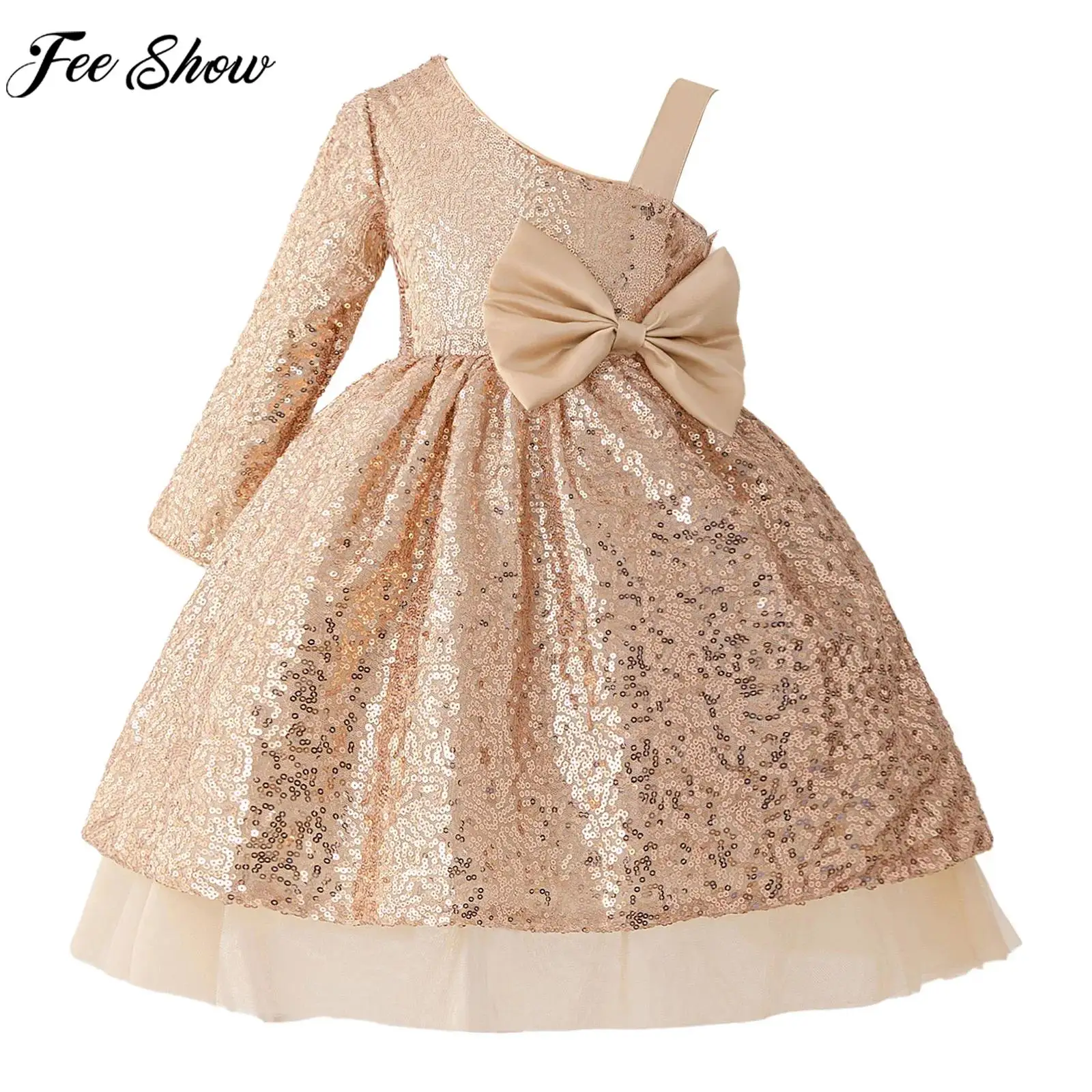 

Kids Girls Birthday Wedding Banquet Evening Party Dress One Shoulder Shiny Sequin Bowknot Tulle Mesh Tutu Princess Ball Gown