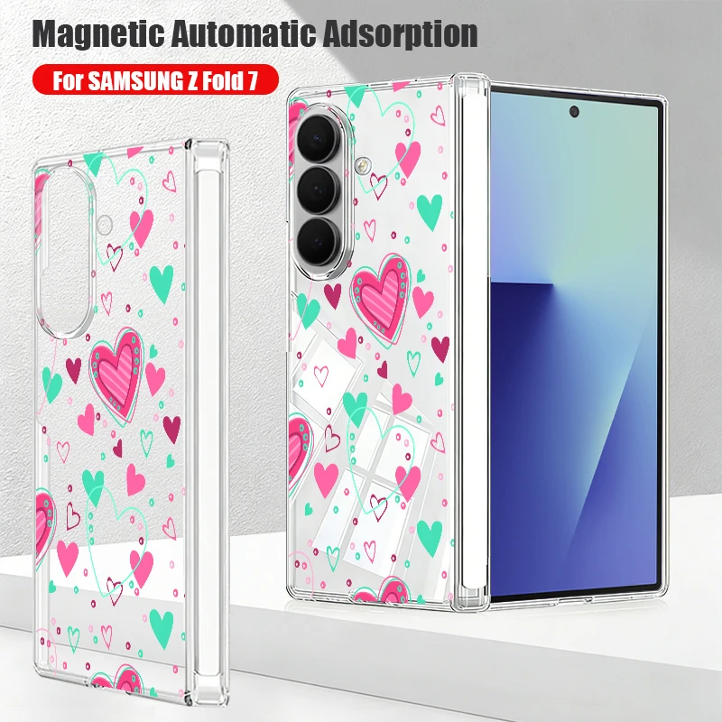 Magnetic Auto Adsorption Phone Case For Samsung Galaxy Z Fold 8 Ultra 7 6 5 Fold7 Fold6 5G Love Heart Pattern Clear Hard Cover