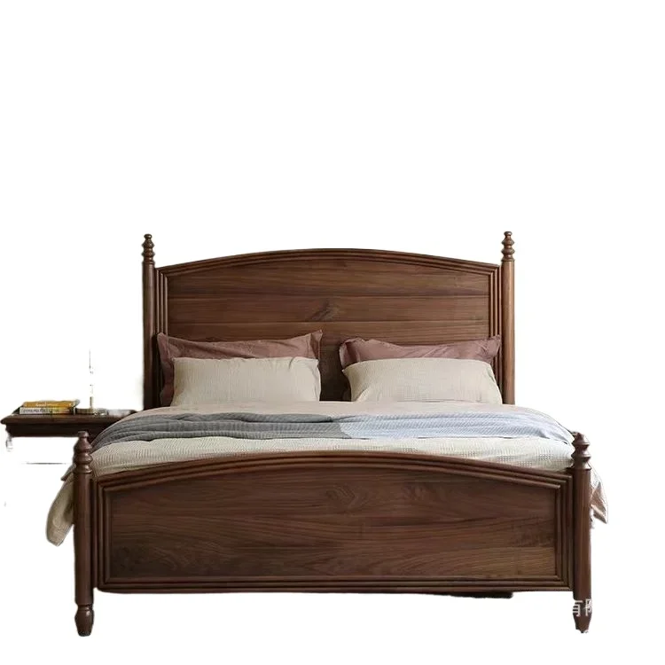 

American bedroom high-end fashion black walnut double bed, modern villa all solid wood wedding bed furniture