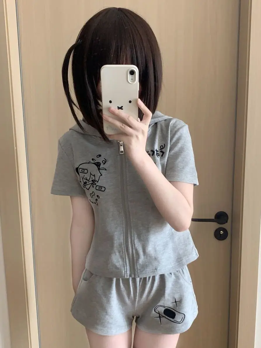 2000s Y2K Kawaii Cartoon-Printed Two-Piece Set: Cat Ear Hoodie & Shorts, Casual Cute Style with Japanese Anime Prints Sweet Girl view 5