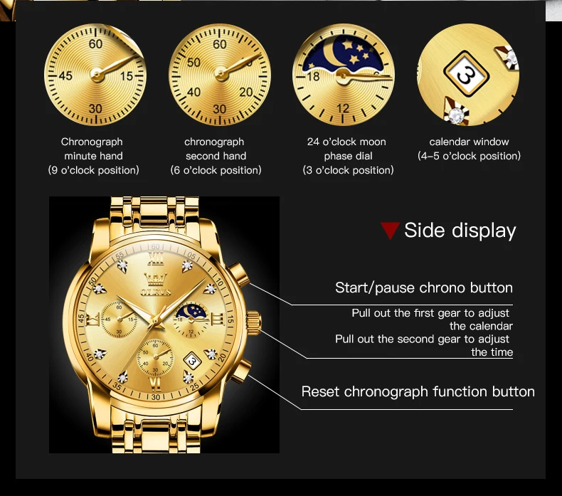 New Gold Watch OLEVS Quartz Watch for Men Chronograph Stainless Steel  Luminous Waterproof Wristwatch Business Men\'s Watches