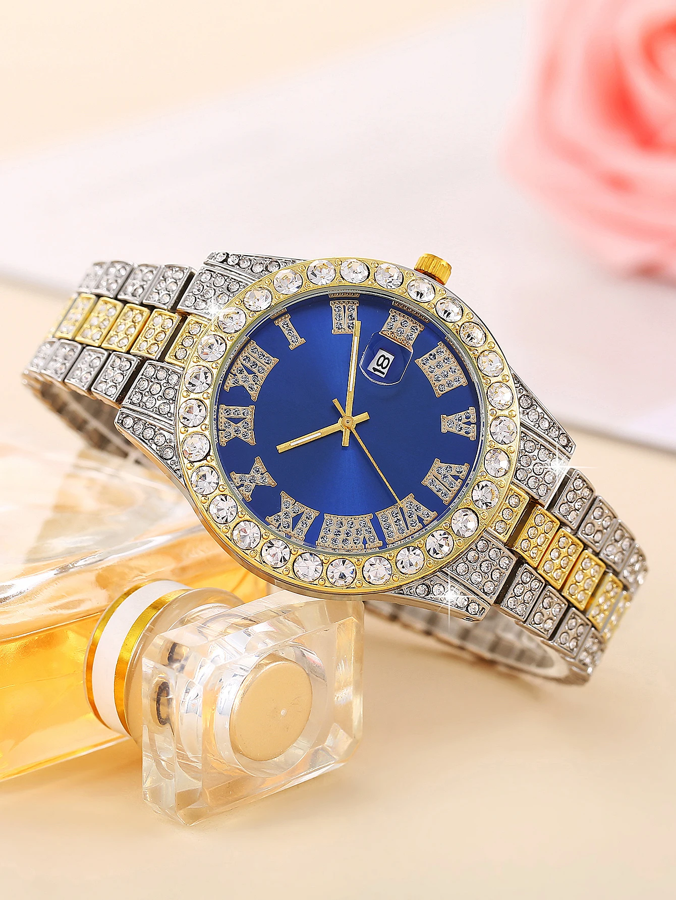 ساعة كوارتز رجالية مع سوار هيب هوب كلاسيكي وقلادة ووظيفة التقويم وملابس الحفلات وصندوق متوافق غير متضمن #3