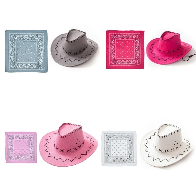 Women Cowboy Hat Western Wide Brim Hat Handkerchief Knight Hat Set Cosplay Party Hat Costume Men Fedora Hat Headdress