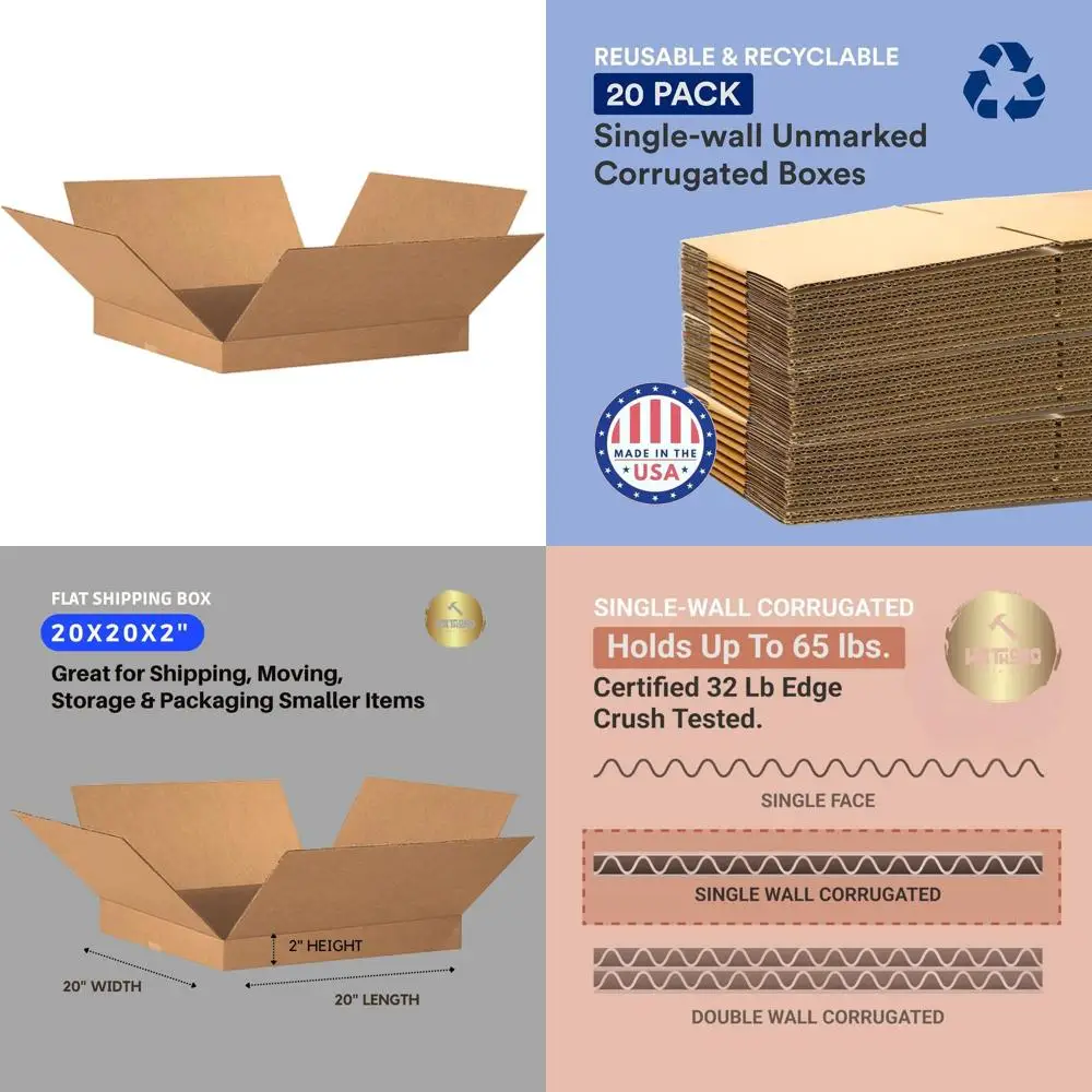 

20L x 20W x 2H Corrugated Cardboard Shipping Boxes - 20 Pack, Ideal for Moving, Packing, and Storage