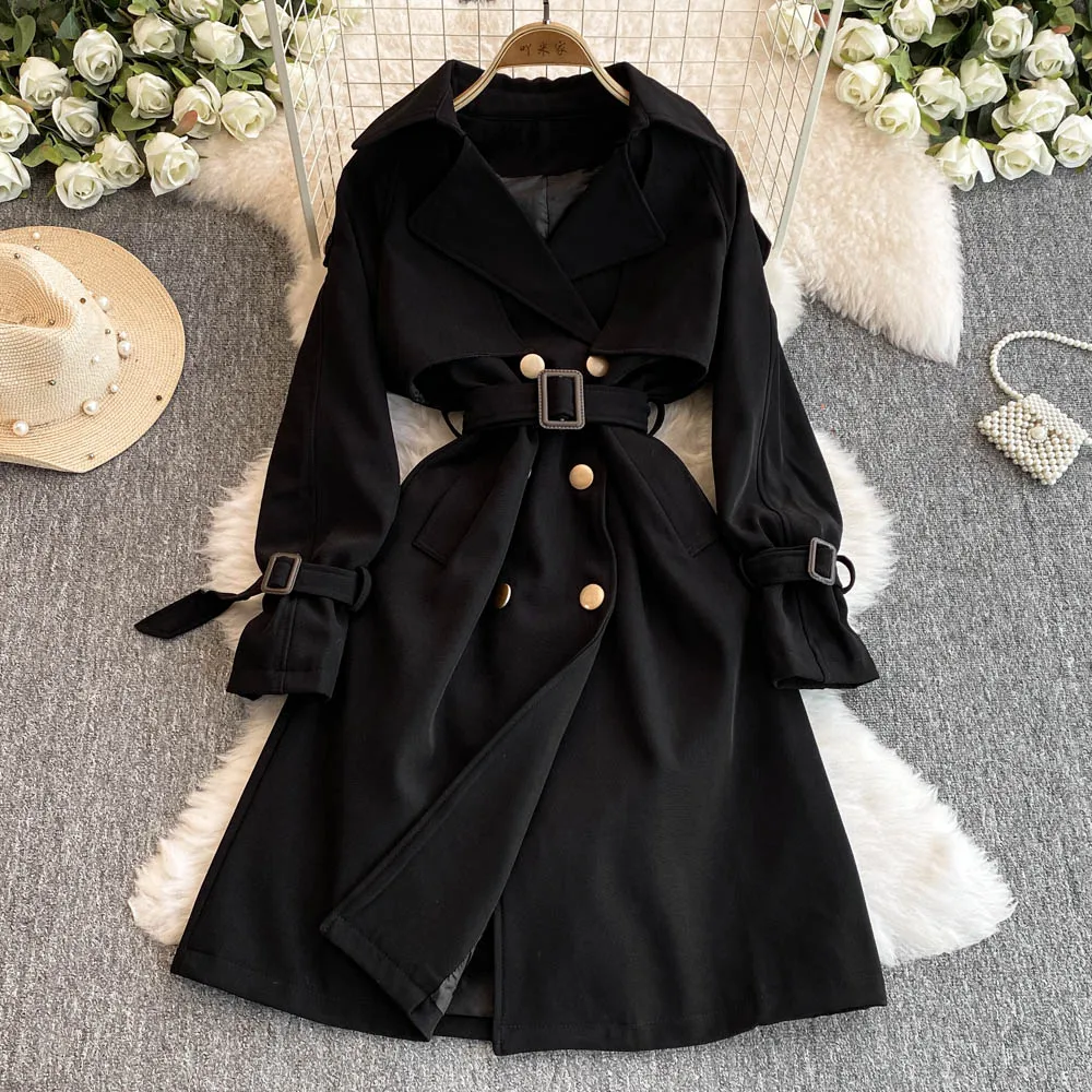 

England Style Women Windbreake Solid Lapel Collar Double Breasted Loose Mid-Length Jacket Female Autumn Versatile Trench Coat