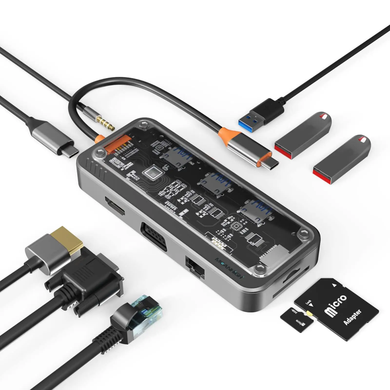 

Док-станция 10в1 USB Type-c Многофункциональный концентратор расширения HUB Прозрачный порт Ethernet PD100W для Macbook Air Pro M1 M2 ПК