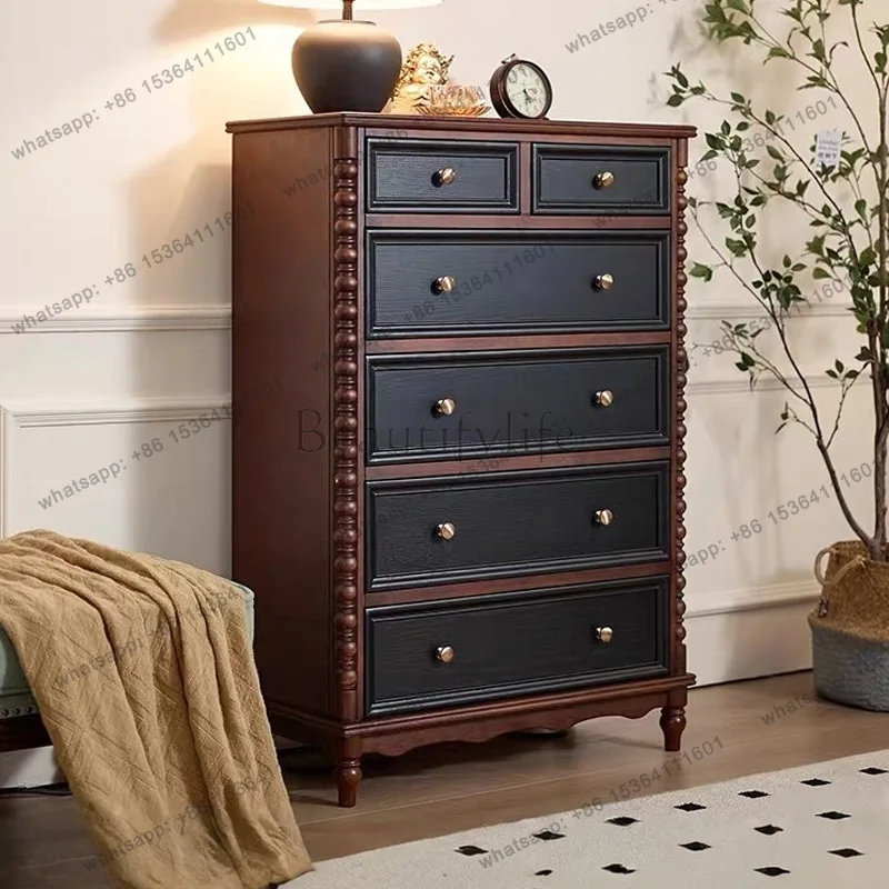 Zj. French retro solid wood six-chest villa living room two-color drawer locker
