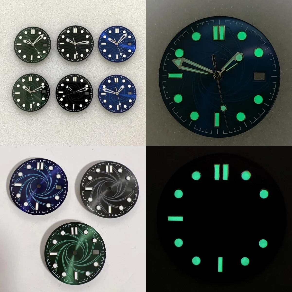 31mm Sunburst Wave Vortex Texture Dial for NH35 Automatic Movement Watch Mod Accessories Silver Markers Green Lume Hands