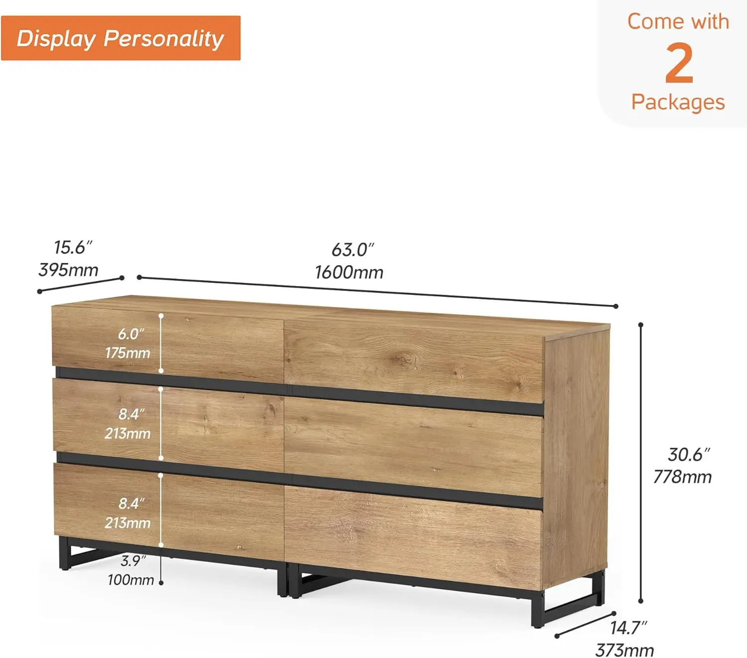 Wampat Dresser For Bedroom, Closet Organizers And Storage With 6 Drawers, Chest Of Drawers With Metal Base, Modern Wood Dresser