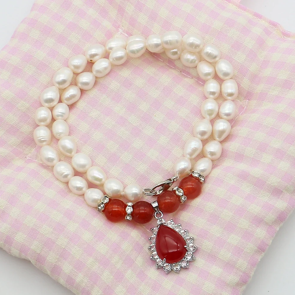 Elegant Creative Natural Freshwater White Pearl Necklace with Exquisite Red Teardrop-shaped Natural Stone Jewelry Gift Accessory