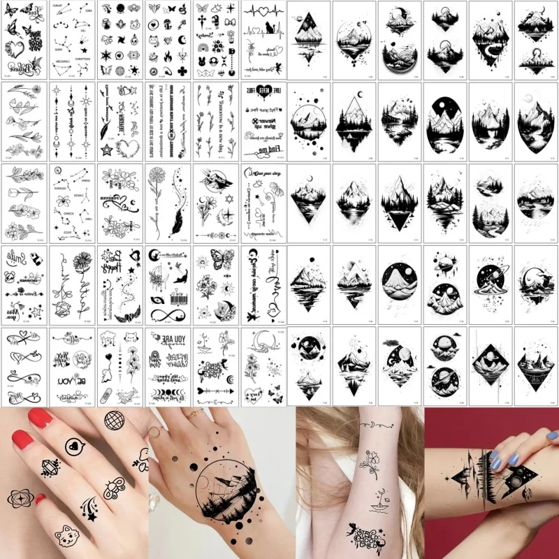 60pcs/set Temporary Tattoos for Women Girls Ladies Black Moon Mountain Wild Plants Flower Infinity Fake Tattoos Finger Hand Neck