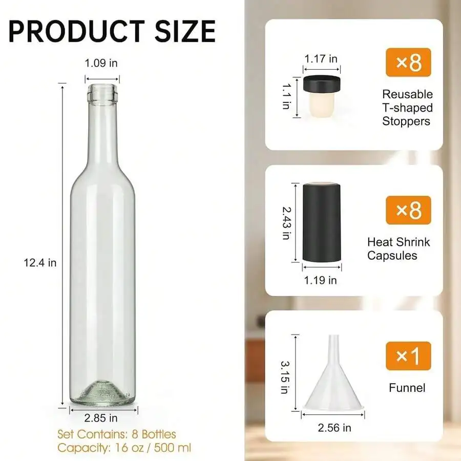 16oz Clear Glass Wine Bottles With Cork Lids And PVC Shrink Capsules, 500ml Capacity, Ideal For Wines, Liquor, Juices, Homemade