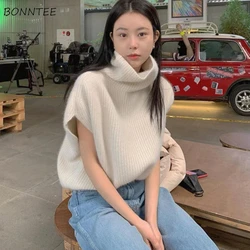 Turtleneck Sweater Vests Women Autumn Winter Fluffy Korean Style Ladies Sleeveless Knitted Tops Skin-friendly Soft Solid Color