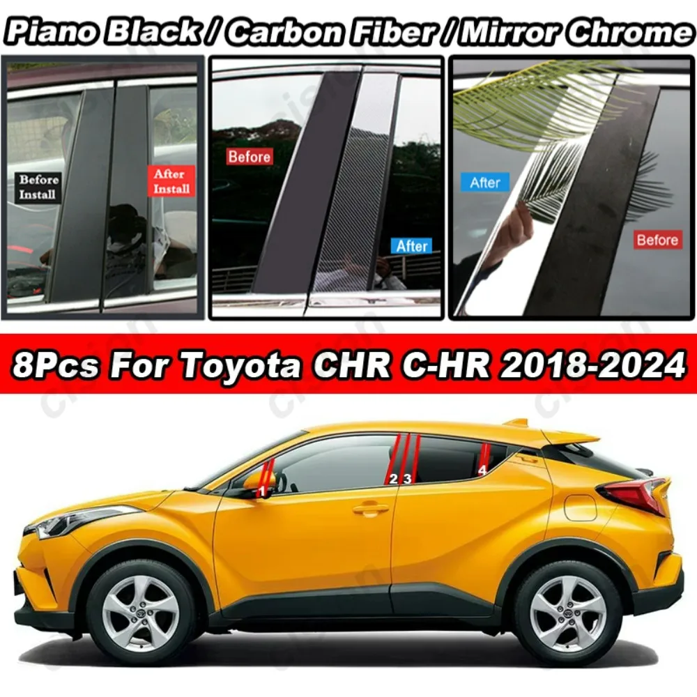 

Glossy Carbon Fiber Black Chrome Car Door Window Center B C Pillars Post Middle Column Cover Trim PC Sticker For Toyota CHR AX10