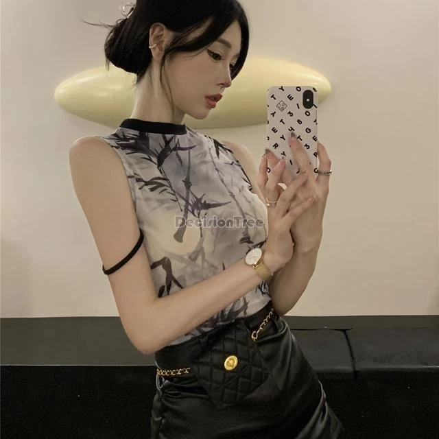 2024 chinese bamboo printed halter vest women's summer fashion retro style short sleeveless top sleeveless slim camisole w329