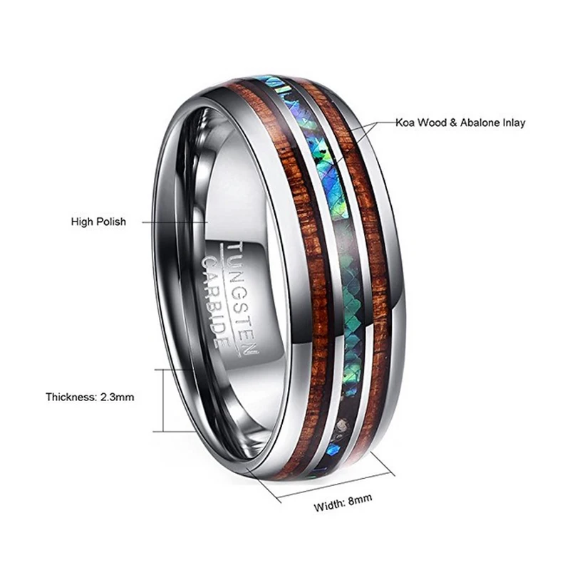 Nuncad US Size 8mm Hawaiian Koa Wood and Abalone Shell Tungsten Carbide Rings Wedding Bands for Men Comfort Fit Size 5-14