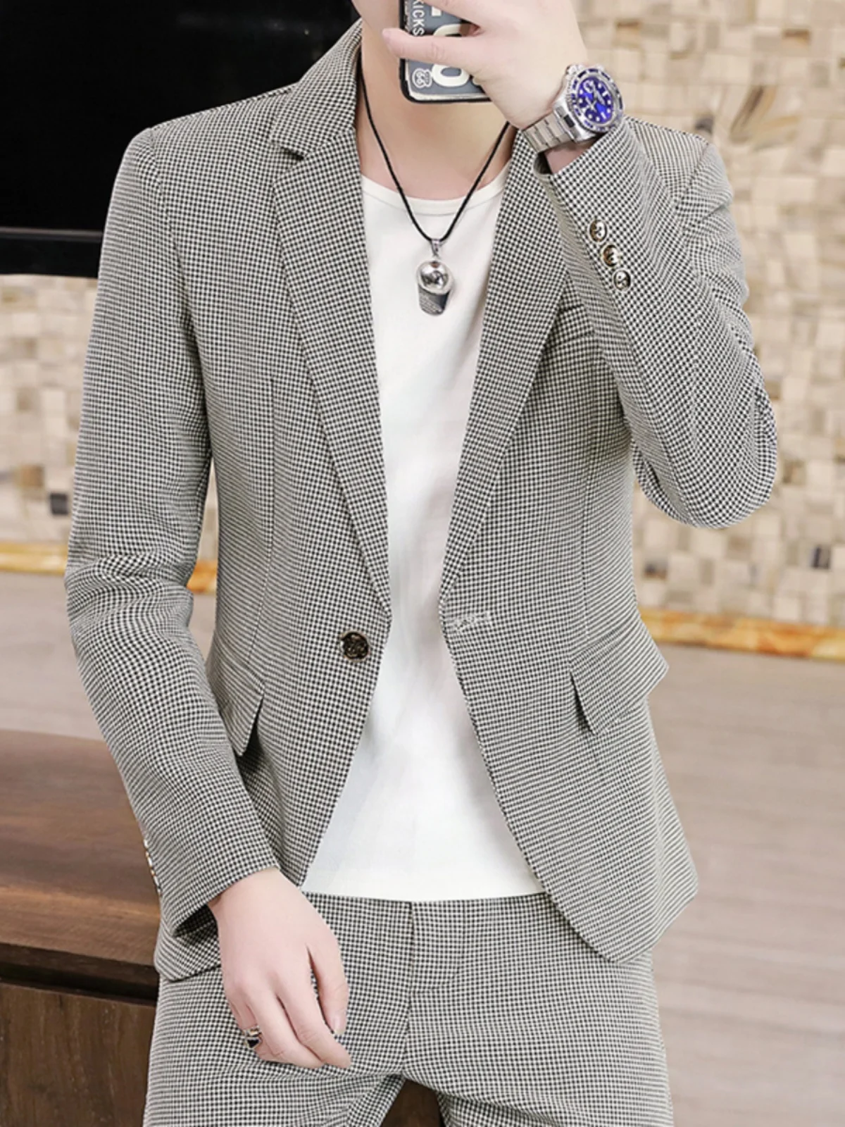 

Осенний мужской костюм-двойка с длинным рукавом, приталенный, в клетку, тонкий, повседневный, модный, деловой, из полиэстера, с воротником-стойкой