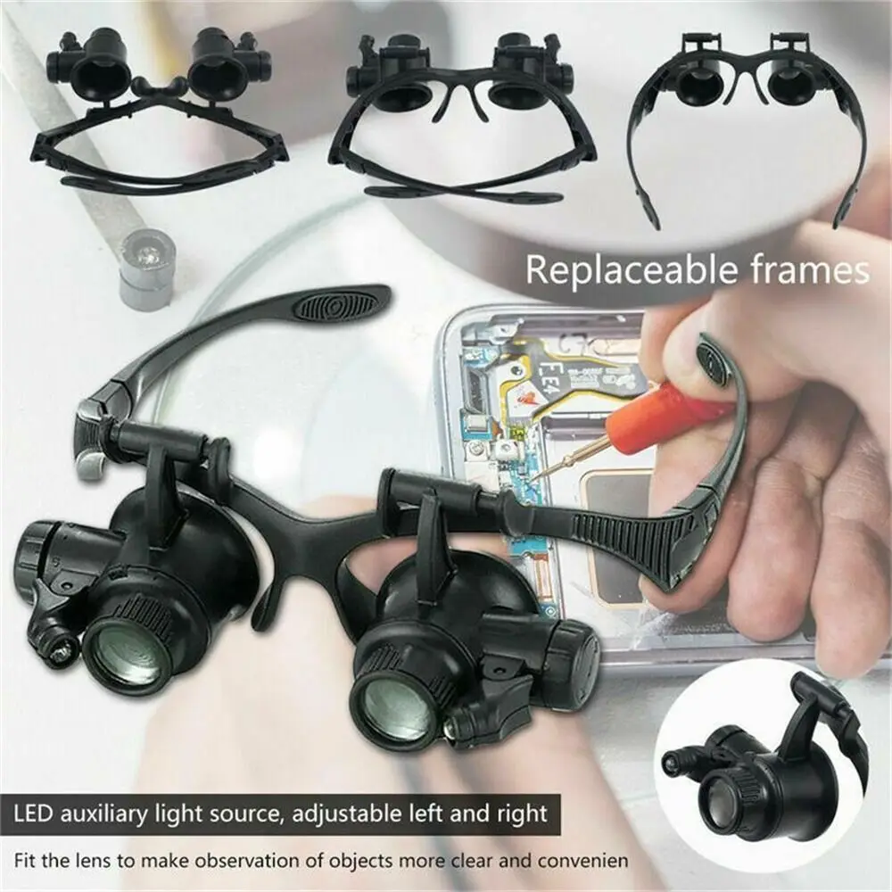 Jeweler Microscope Magnifier Eyeglass With LED Light Watch Repair Kit Head-Mounted Optical Instruments Acrylic Lenses