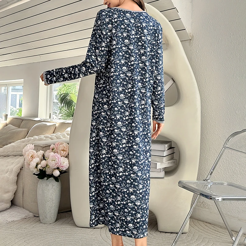 Comfortable Printed Pajamas for Women Long Sleeved Round Neck Loose Nightgown Soft Comfortable One Piece Nightgown Home Clothe