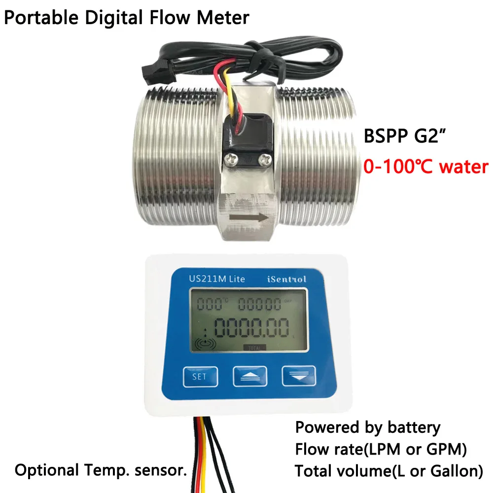 

US211M Lite Portable Digital Flowmeter Turbine Water Flow Sense BSPP G2" SUS304 USS-HS20TA 10-200LPM HOT Water Sensor iSentrol