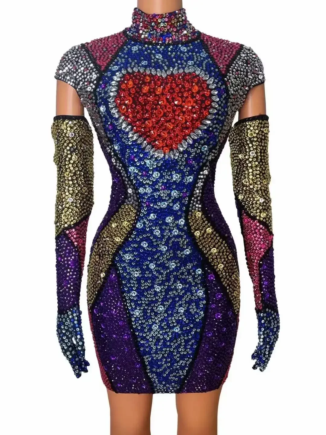 Strassjurk Dames Verjaardagsfeestje Drag Queen Outfit Met Handschoenen Korte Lengte Jurken Hoge Hals Glanzende Stadiumkleding